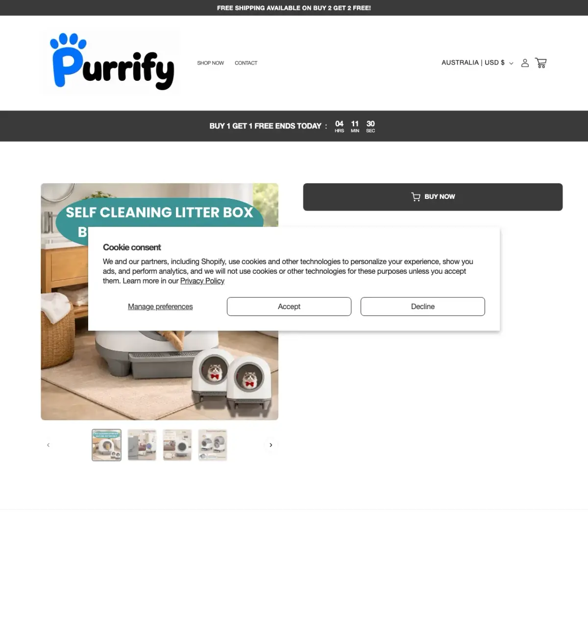 Screenshot of the buypurrify .com fake storefront borrowing the Purrify name to sell a litter box