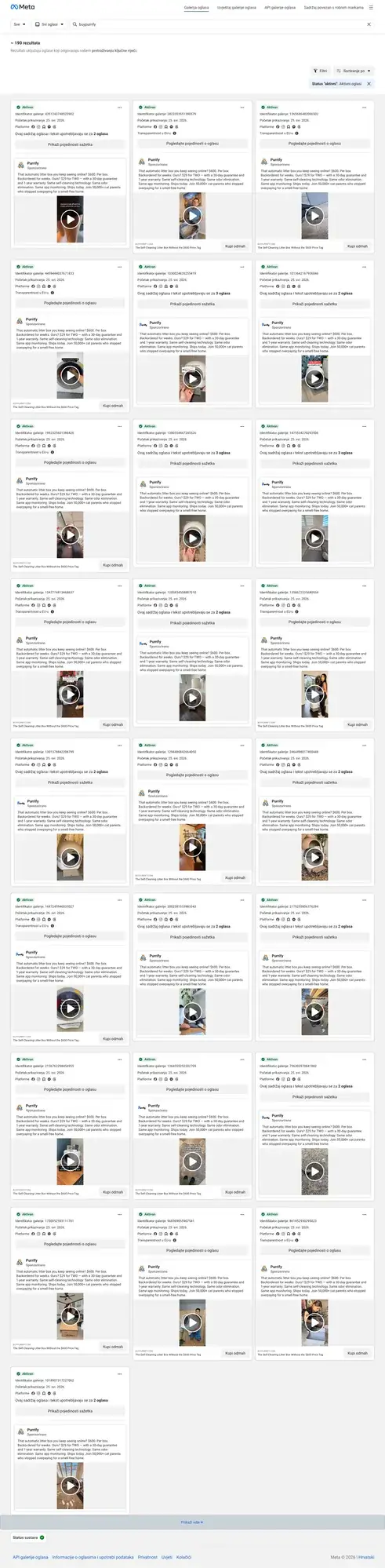 A search of the public Meta Ad Library for buypurrify, showing many active ads