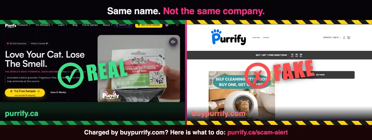 The real Purrify at purrify.ca stamped REAL, next to the buypurrify .com copycat stamped FAKE