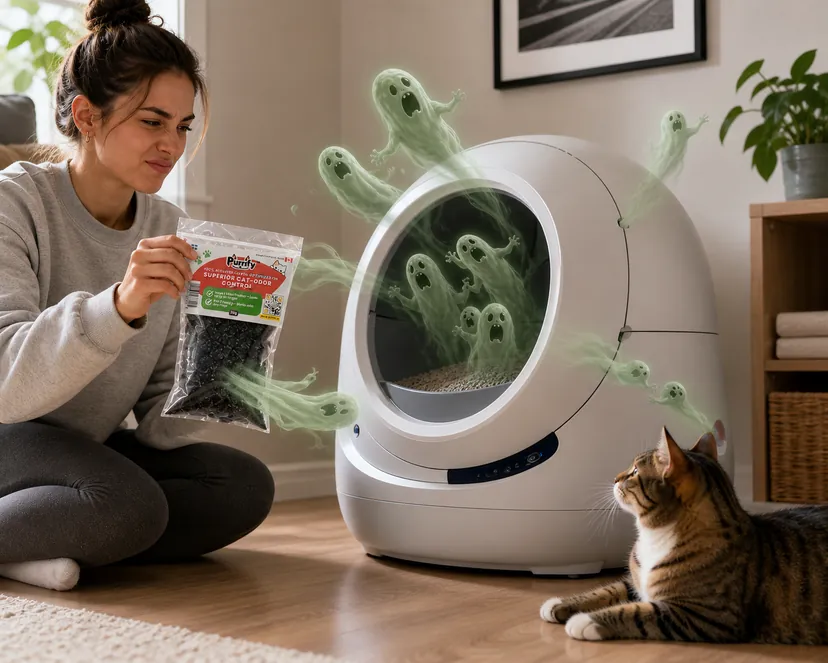 Litter-Robot automatic litter box with activated carbon granules added to the litter for ammonia odor control
