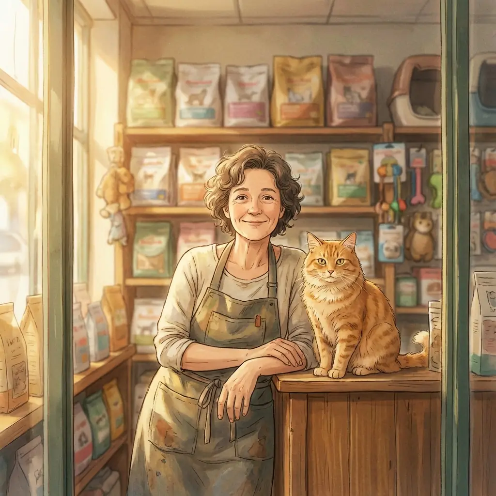 Smiling pet store owner with a shop cat, premium product displays