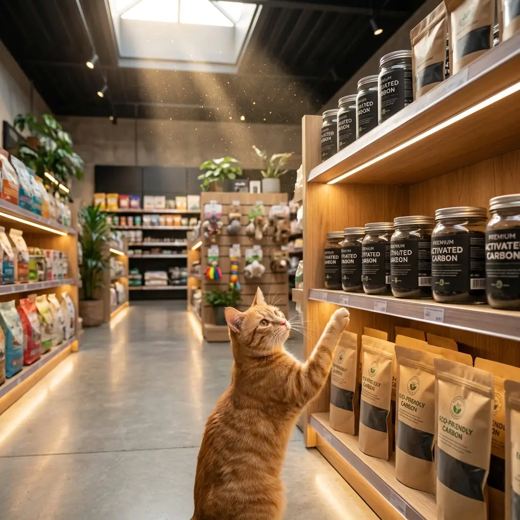 Clean pet store interior with shelf displays and a curious cat