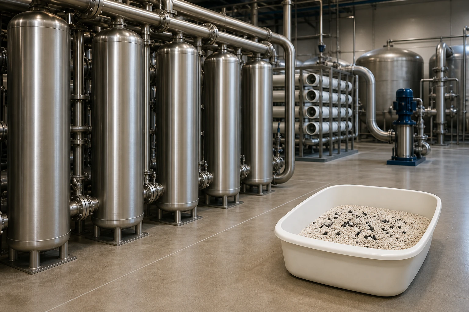 Industrial filtration vessels beside a litter box with a light sprinkle of activated carbon