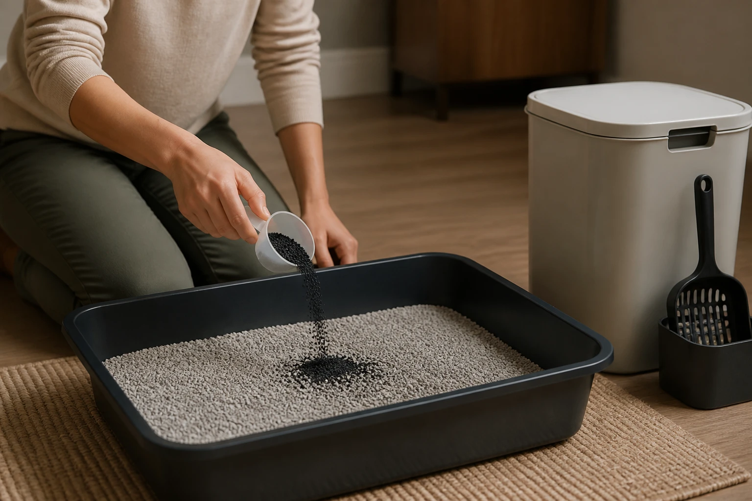 Activated carbon granules being sprinkled into a litter box