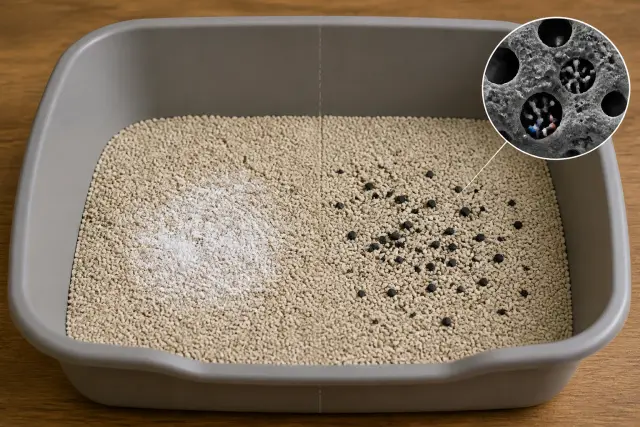 Litter box comparing a light baking soda dusting with activated carbon granules