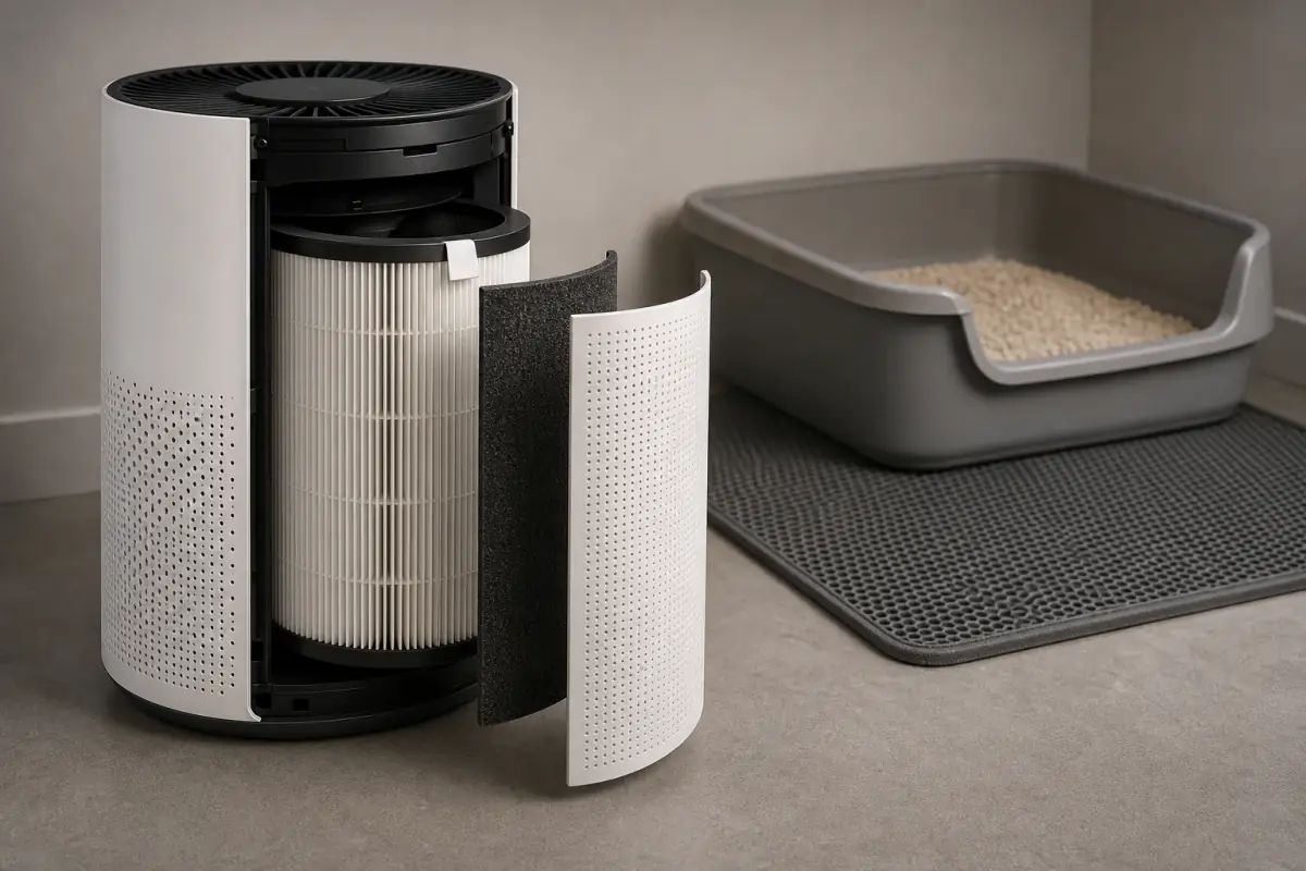 Purificateur d’air ouvert montrant une cartouche HEPA plissée et une mince feuille de charbon, près d’un bac à litière