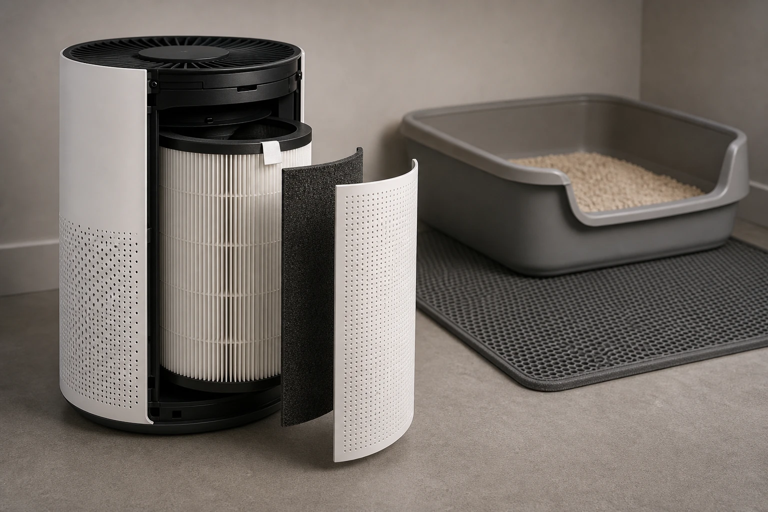 Air purifier filter beside a litter box to show source control and room filtration