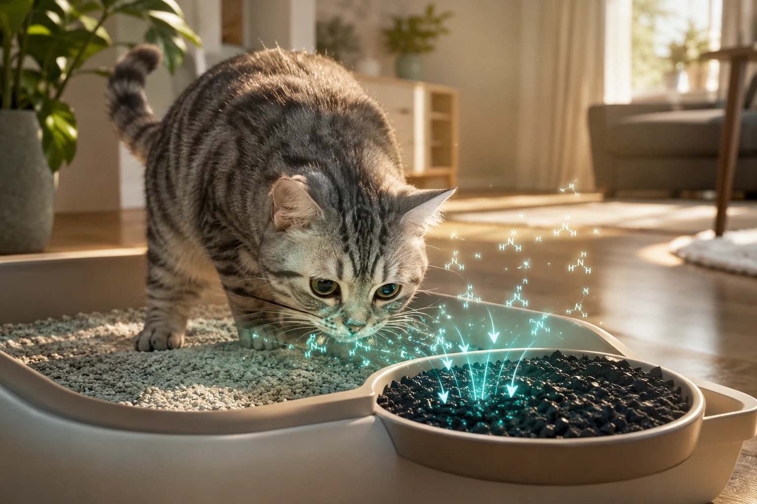 Silver tabby cat at a clean litter box with activated carbon granules trapping ammonia gas