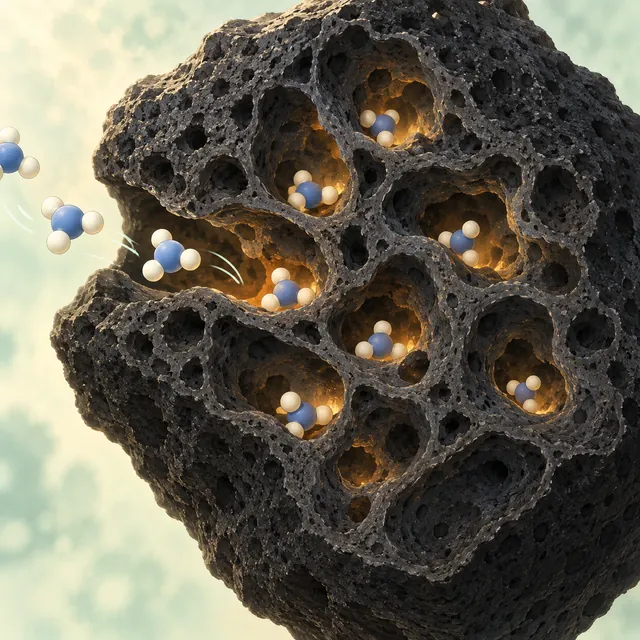 Odor molecules trapped inside the pores of an activated carbon granule