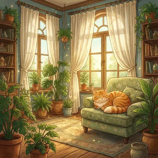 Sunlit living room with a relaxed cat and fresh, clean air