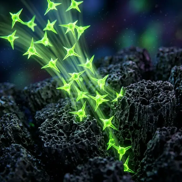 Molécules d'odeur aspirées dans les pores du charbon actif