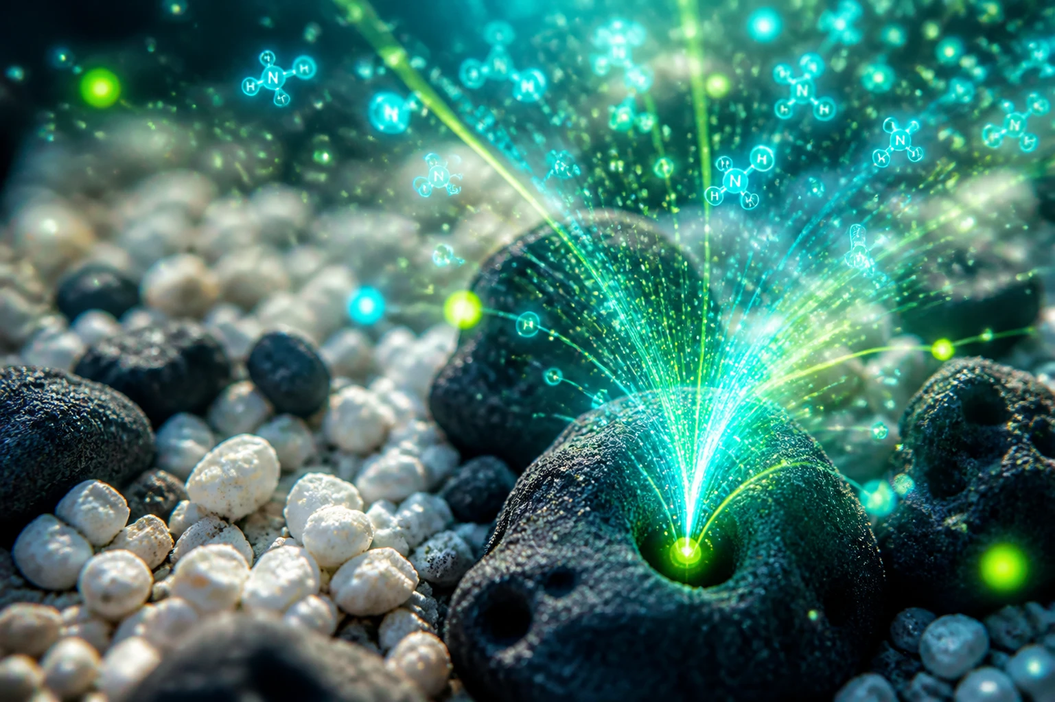 Macro view of cat litter granules with activated carbon trapping rising ammonia gas