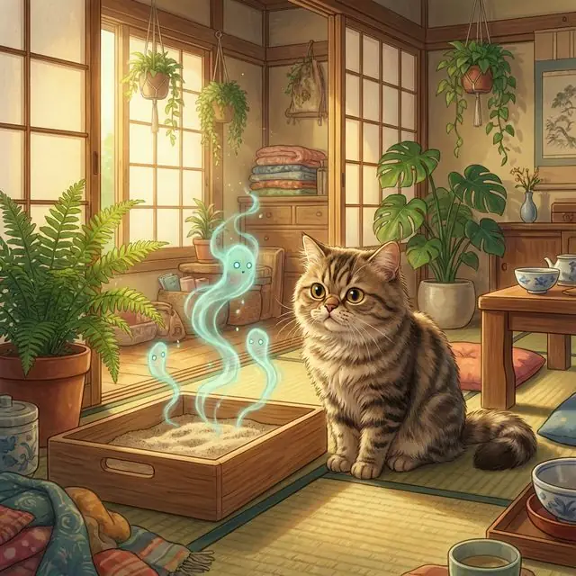 Curious cat sitting beside a litter box with ammonia wisps rising like little spirits