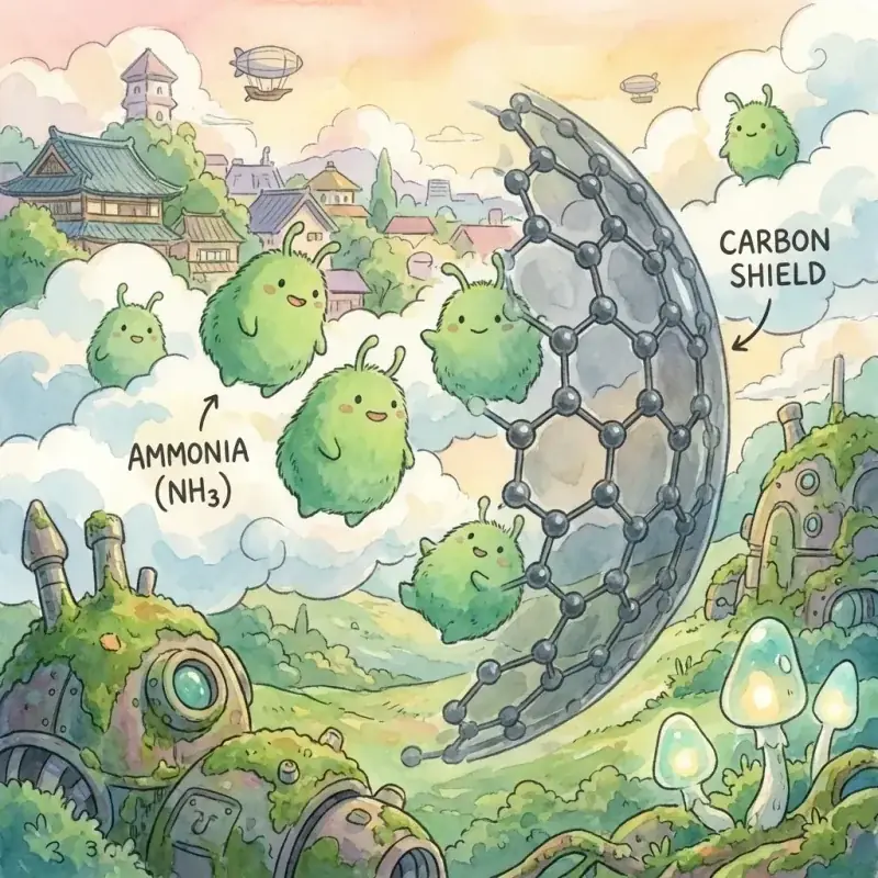 Illustration of ammonia molecules drifting toward a carbon shield