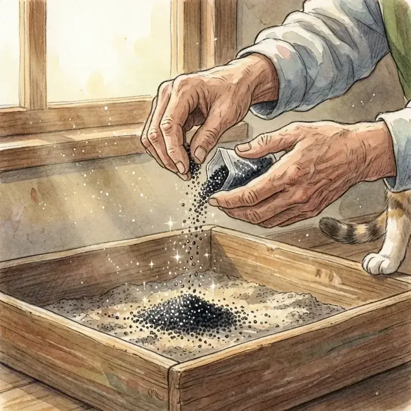 Hands sprinkling Purrify granules onto litter