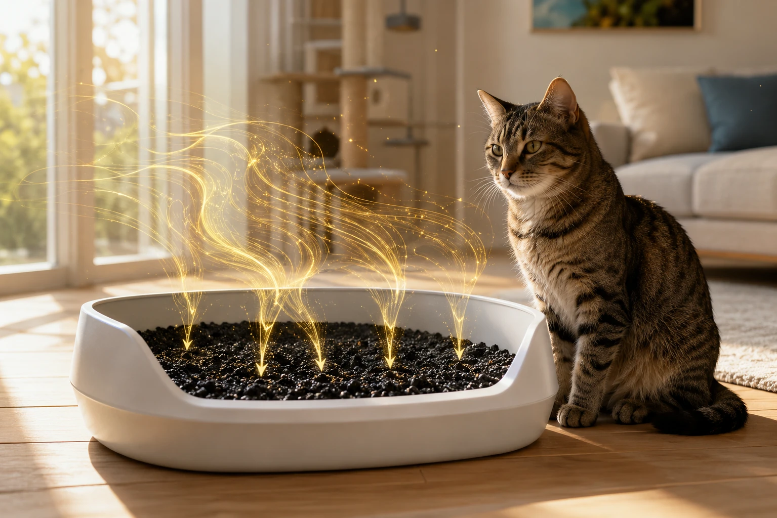 Cat beside a clean litter box with odor trails funneling into activated carbon granules