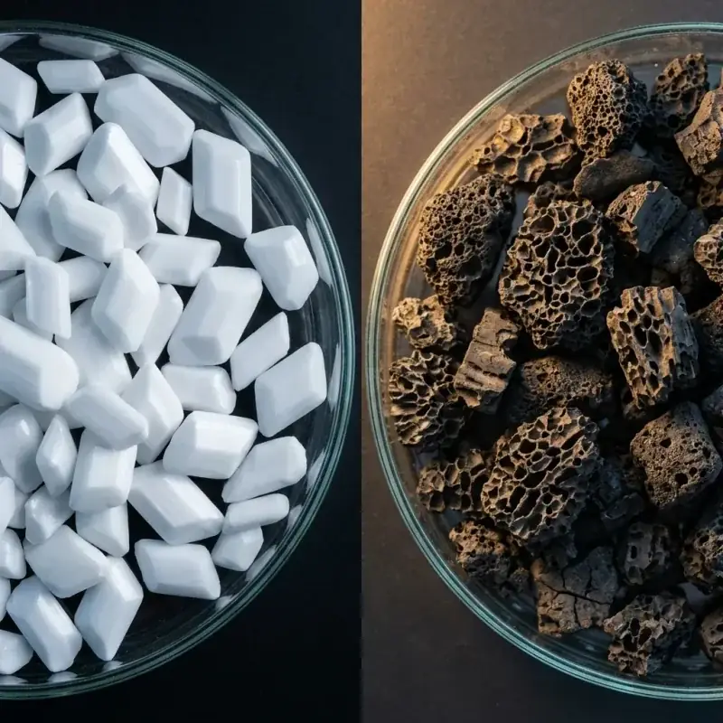 Deux bols compares cote a cote : cristaux blancs de bicarbonate et morceaux noirs poreux de charbon actif