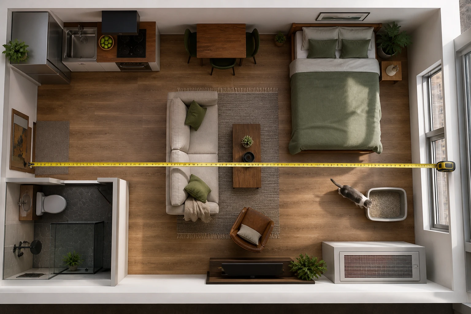 Overhead view of a compact apartment with a litter box placed away from the living area