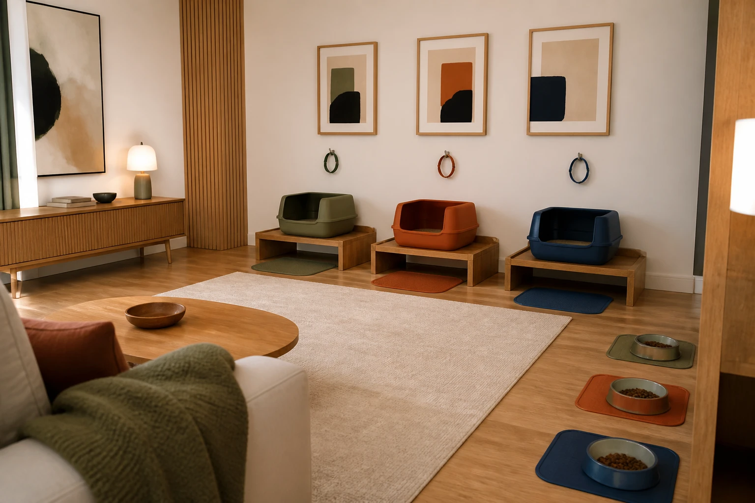 Living room organized with several litter box stations for a multi-cat home