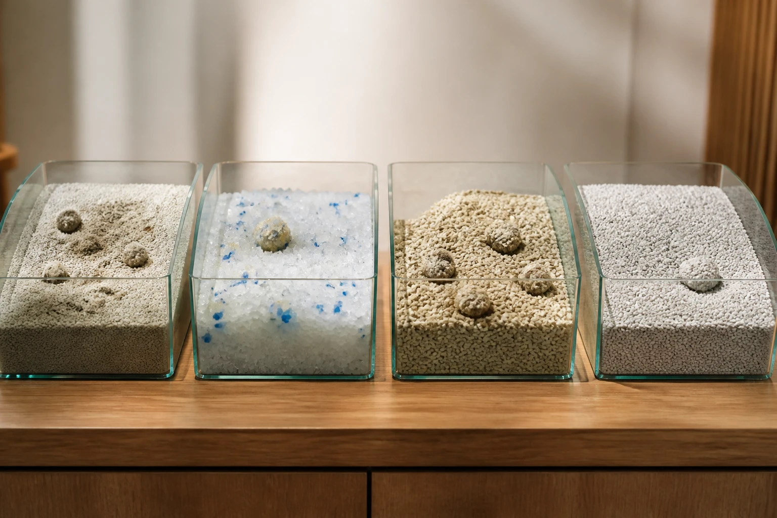 Four litter samples in clear containers for odor-control comparison