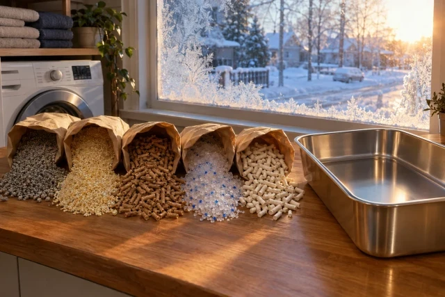 Five litter types spilling from open bags on a laundry counter, a frost-covered window behind them