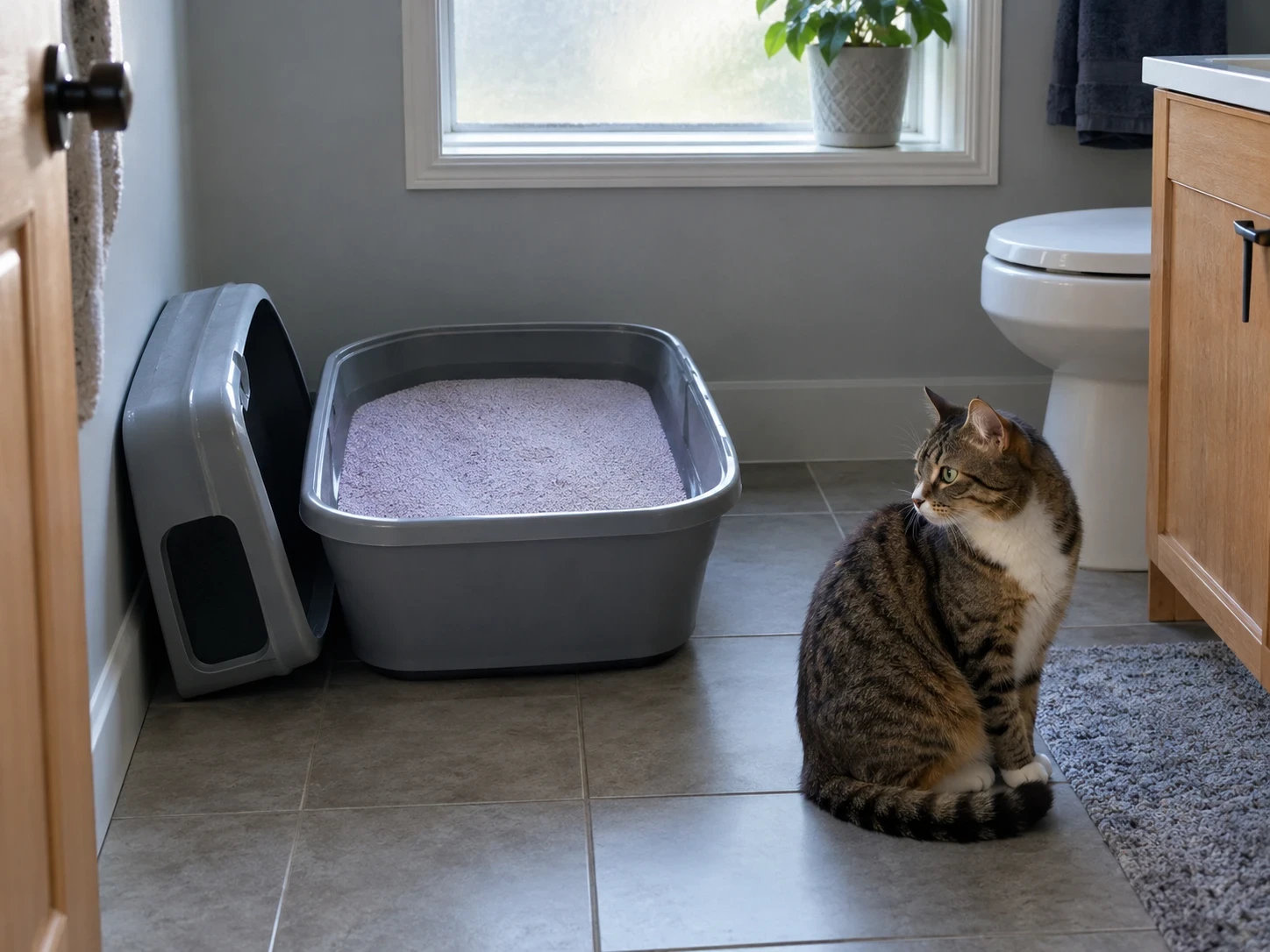 A calm cat sitting beside a plain, unscented litter box