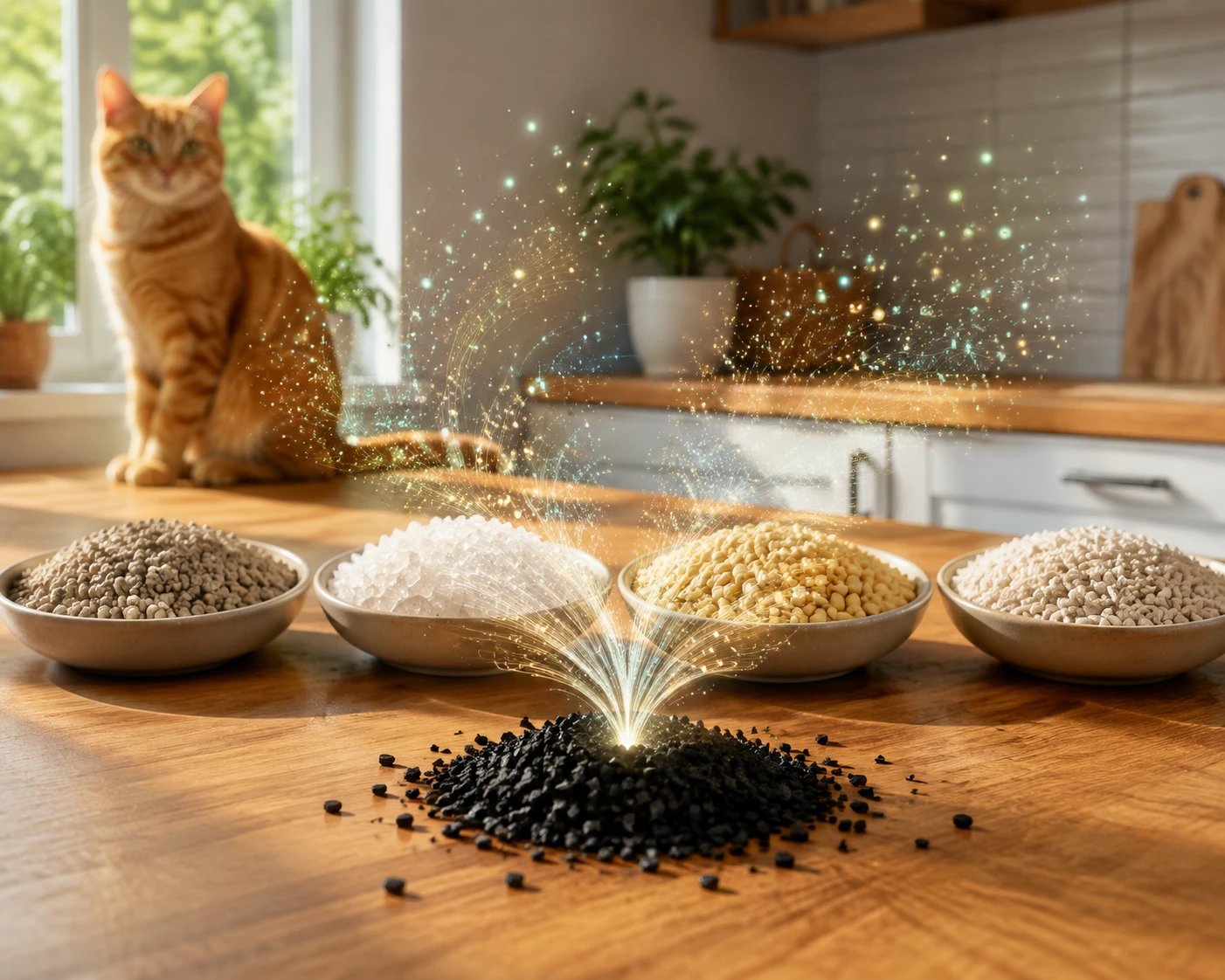 Four cat litter types in dishes beside activated carbon granules pulling odor in
