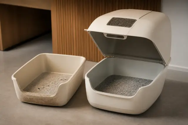 Covered and open litter boxes side by side