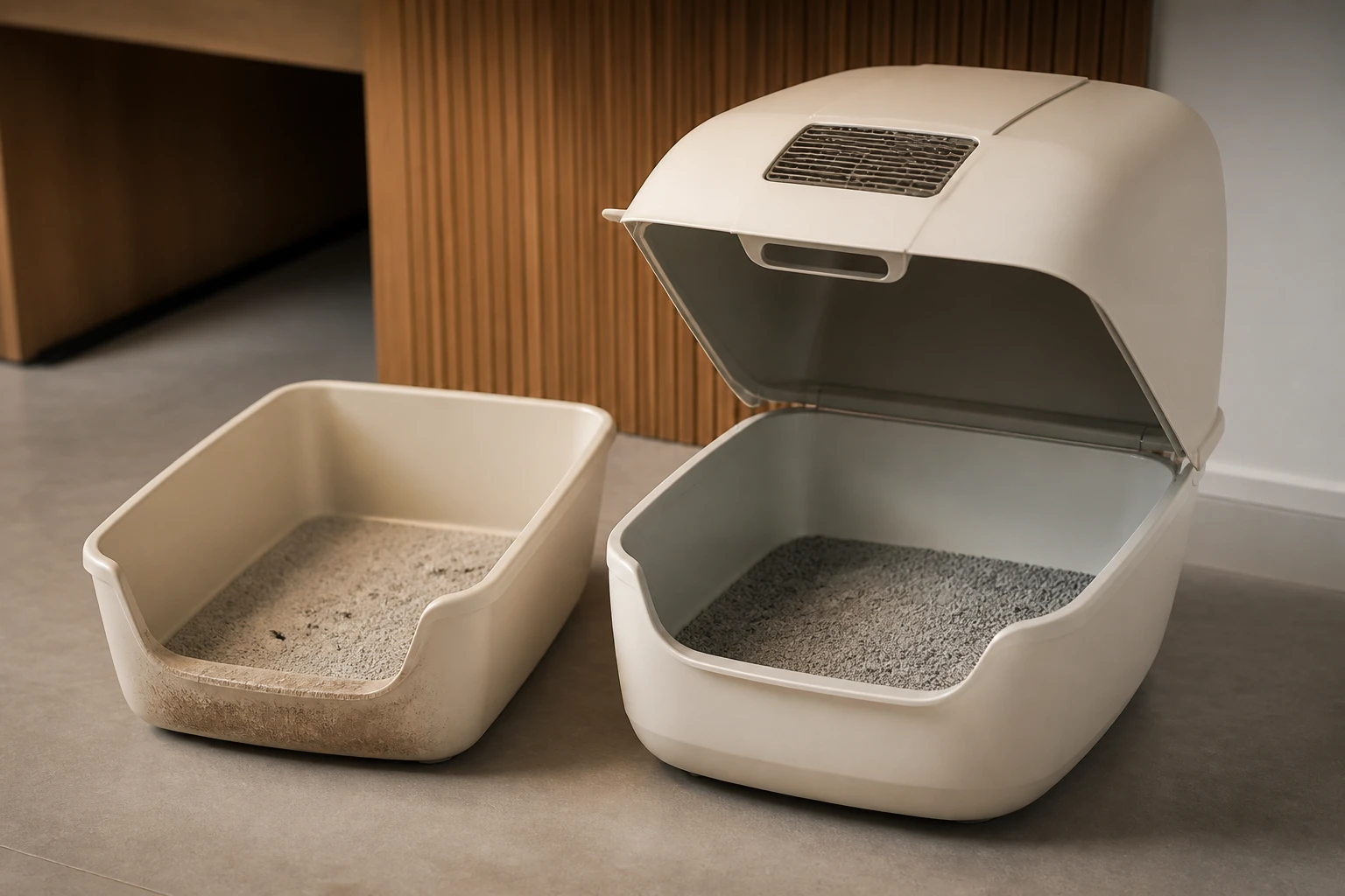 Covered and open litter boxes side by side