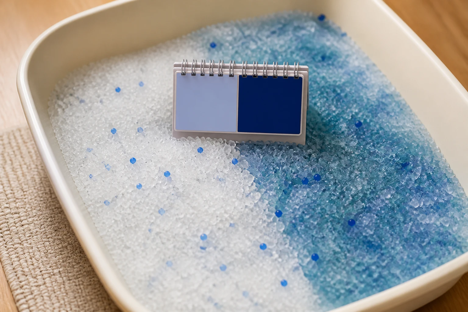 Blue crystal litter with a small electronic moisture meter