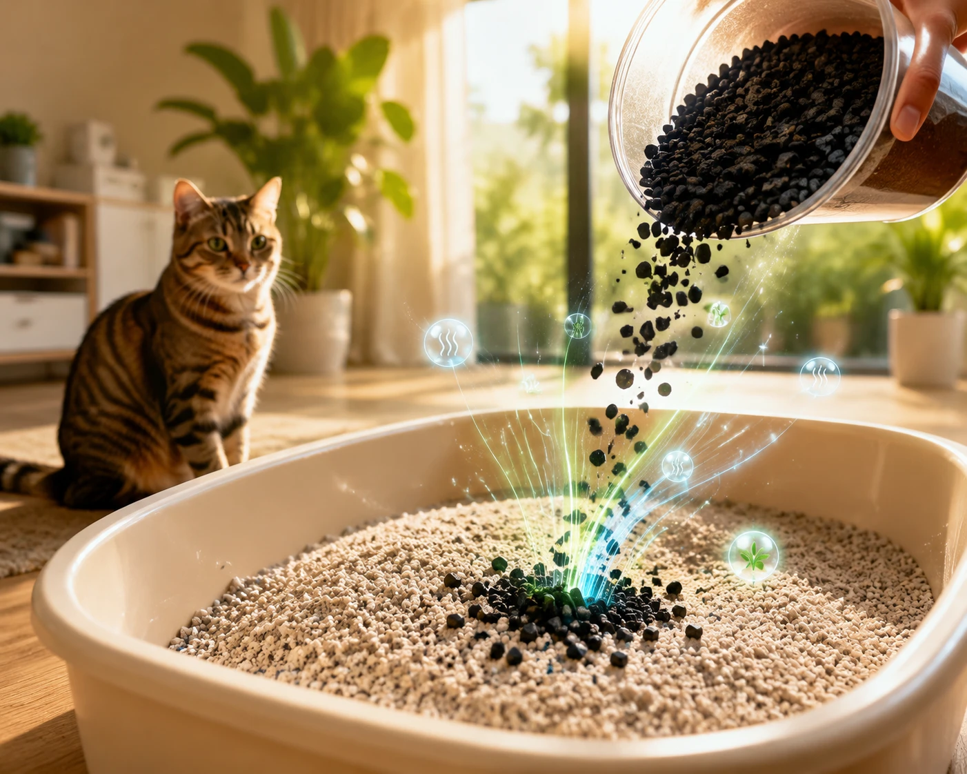 Coarse activated carbon granules poured cleanly into fresh litter with no dust cloud