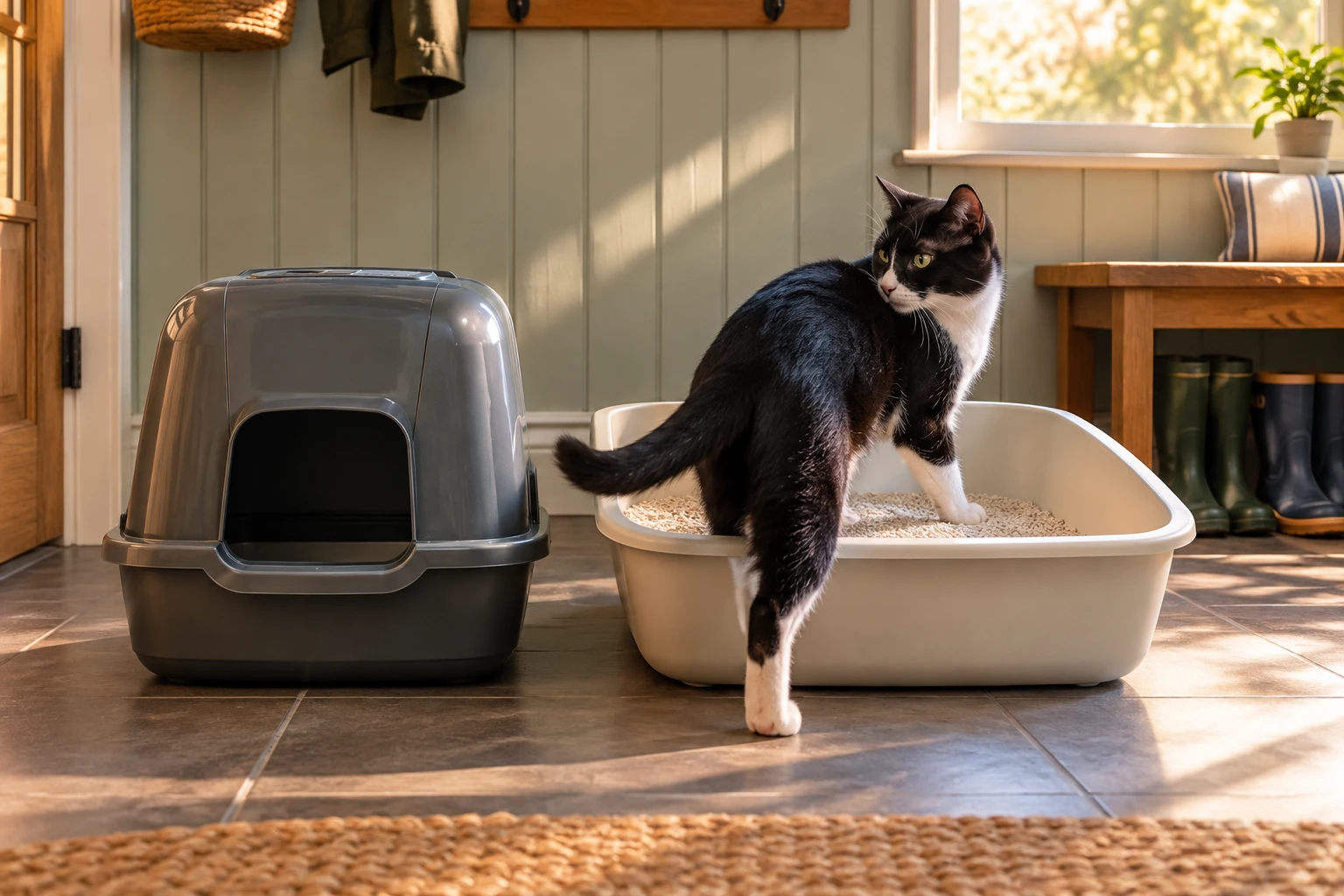 A cat stepping into one of two different litter boxes