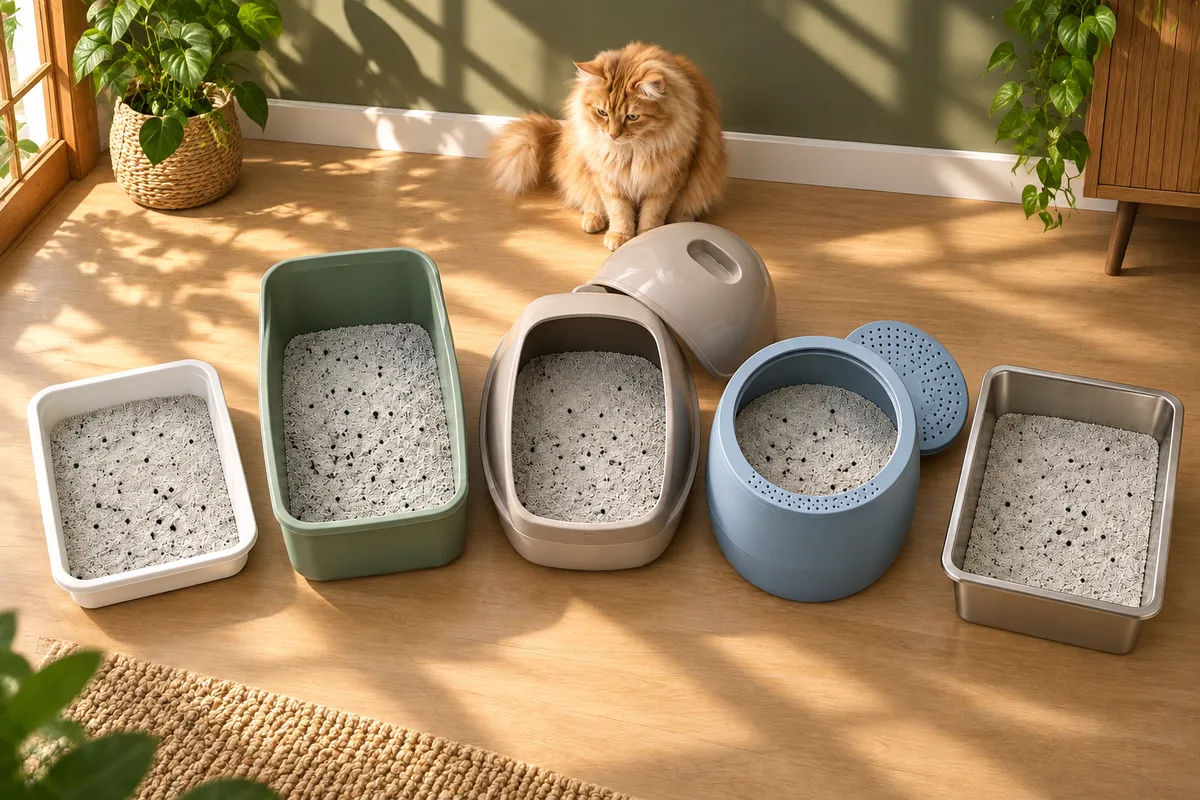 Cinq modèles de bacs avec litière pâle et quelques granules de charbon, observés par un chat roux