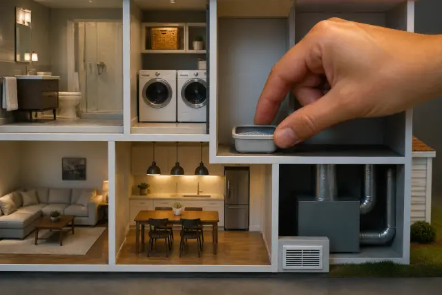 Dollhouse cutaway showing litter box locations and an airflow vent
