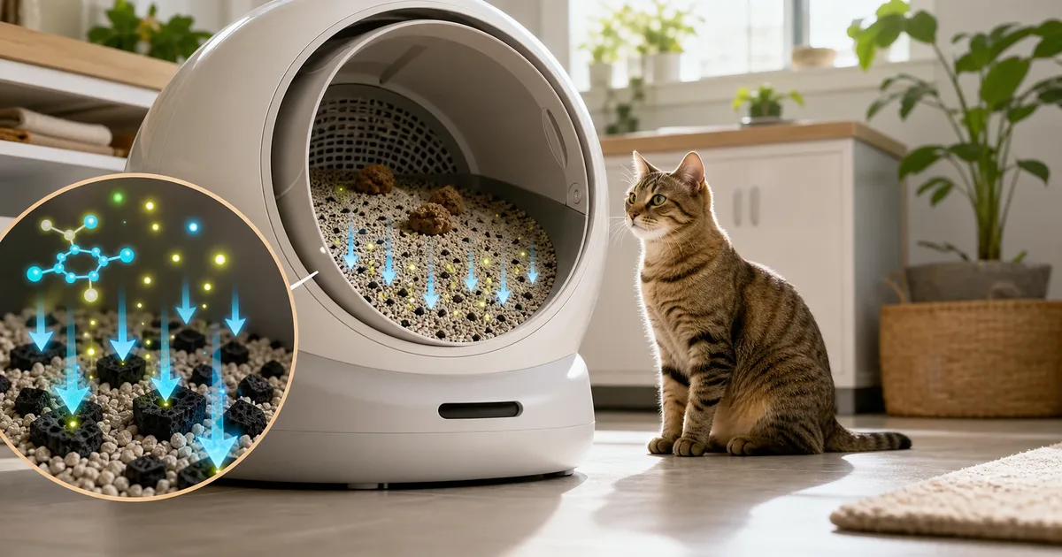 Bac à litière automatique Litter-Robot avec la meilleure litière agglomérante et des granules de charbon actif ajoutés pour le contrôle des odeurs