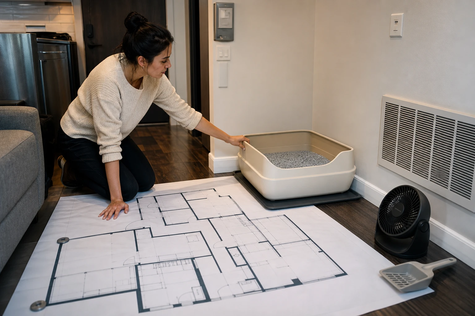 Resident planning airflow in a small apartment beside a litter box