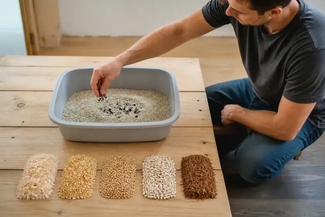 Person comparing natural litter materials beside a litter box