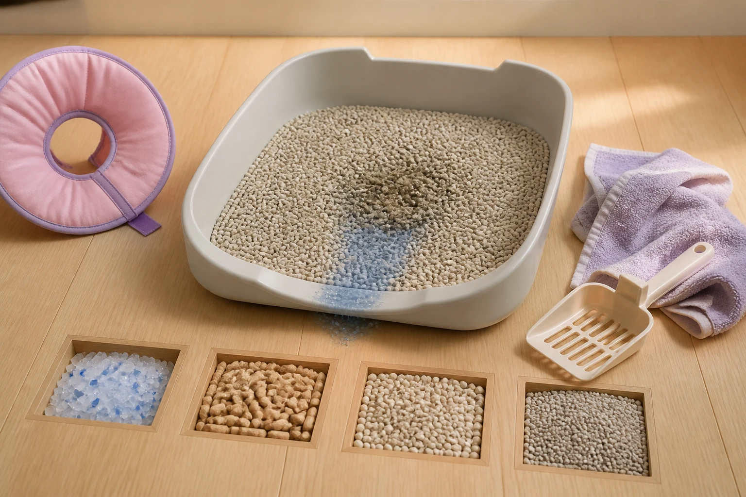 Low-entry litter box with recovery supplies and material samples