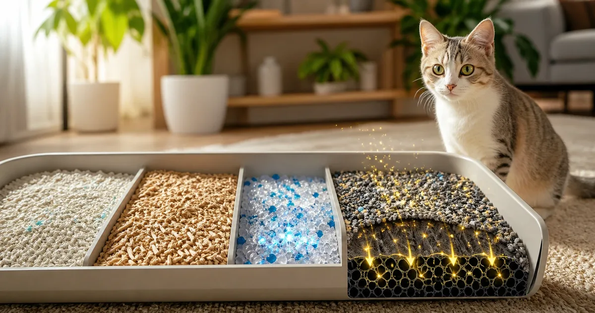 Side by side comparison of clumping clay, silica crystals, wood pellets and paper pellet cat litter