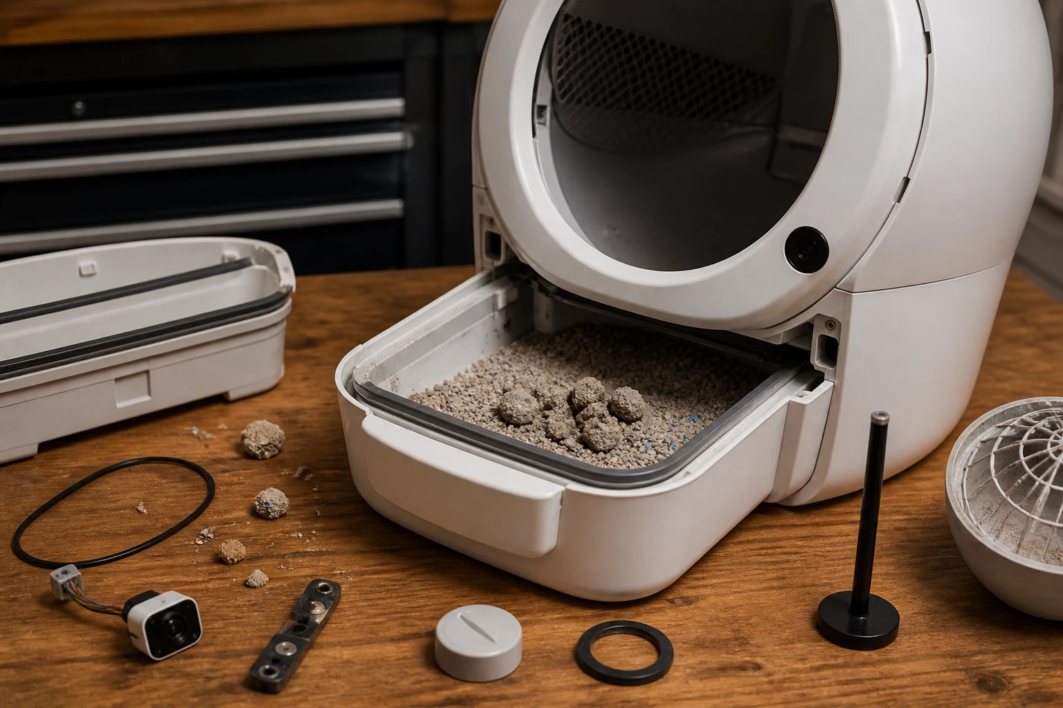 Open self-cleaning litter box with repair tools and its waste drawer