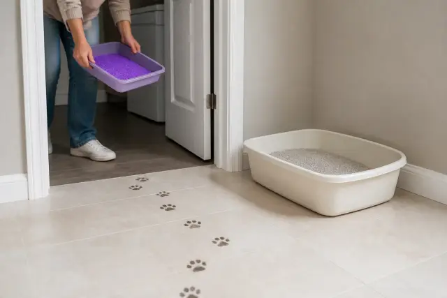 Person removing a scented litter tray near a clean plain litter box