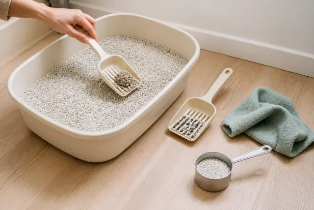 Hand scooping a clean litter box with simple care tools nearby