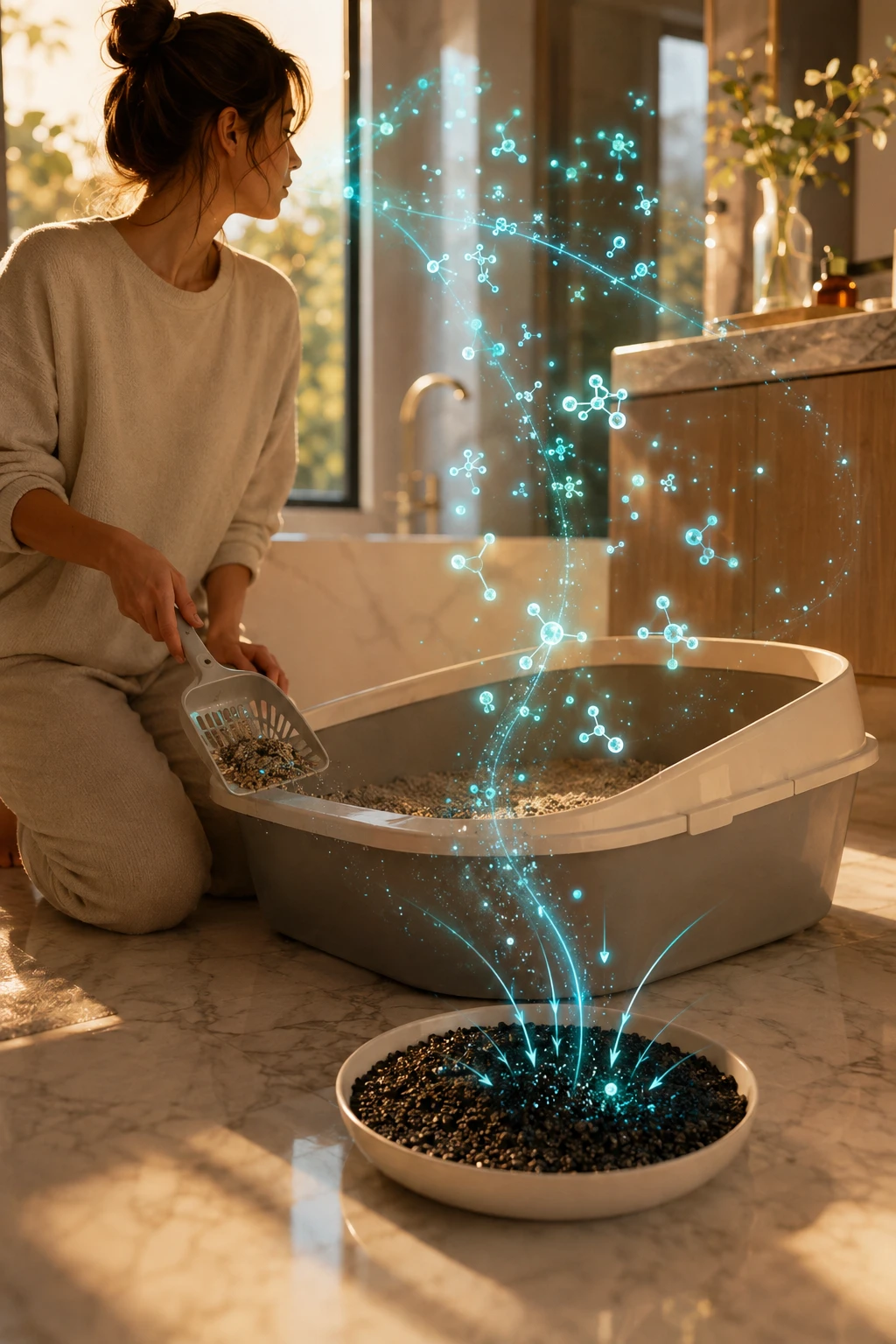 Person scooping a litter box in a bright bathroom, activated carbon granules trapping ammonia