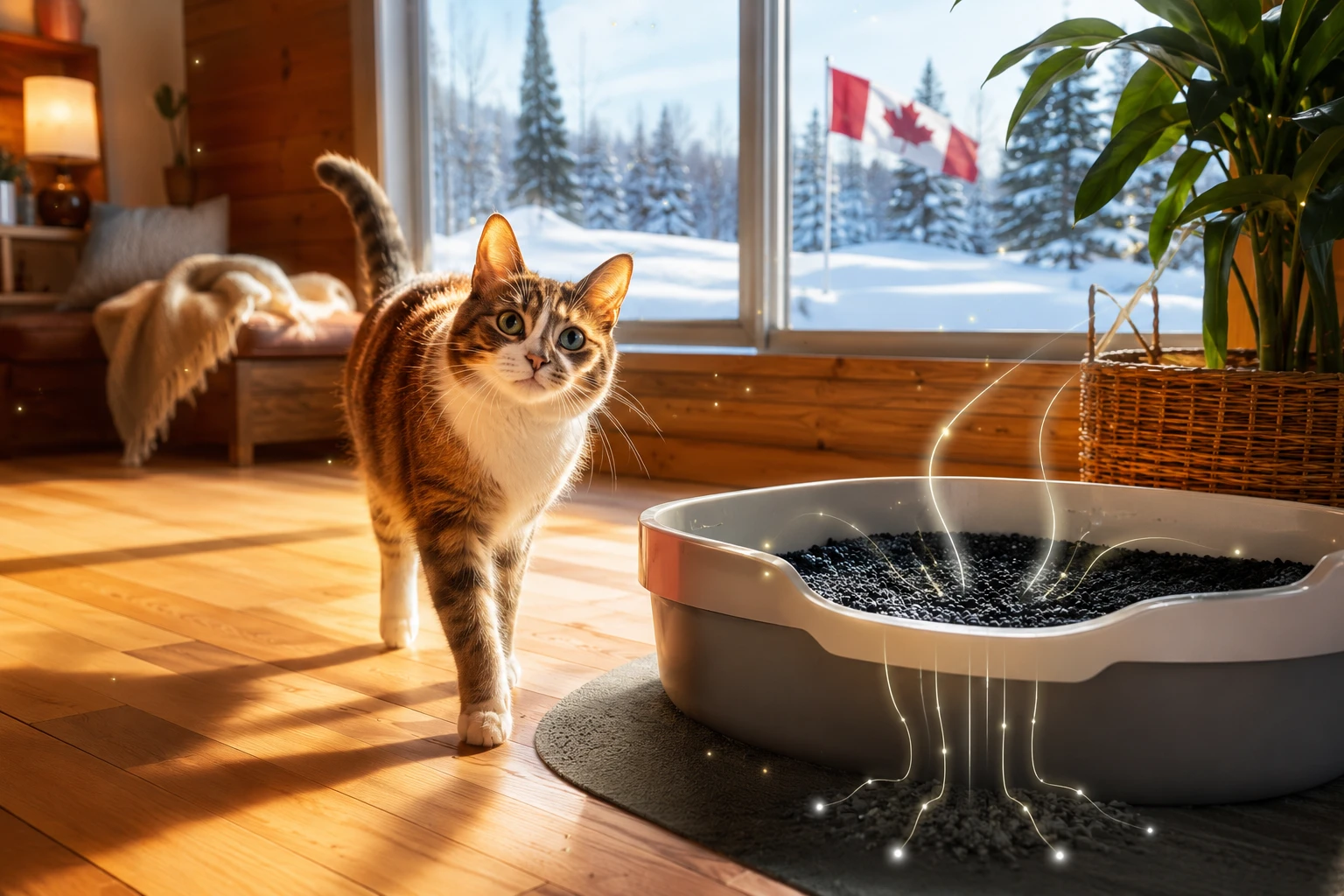 Chat heureux dans une maison canadienne fraiche avec granules de charbon actif dans le bac a litiere
