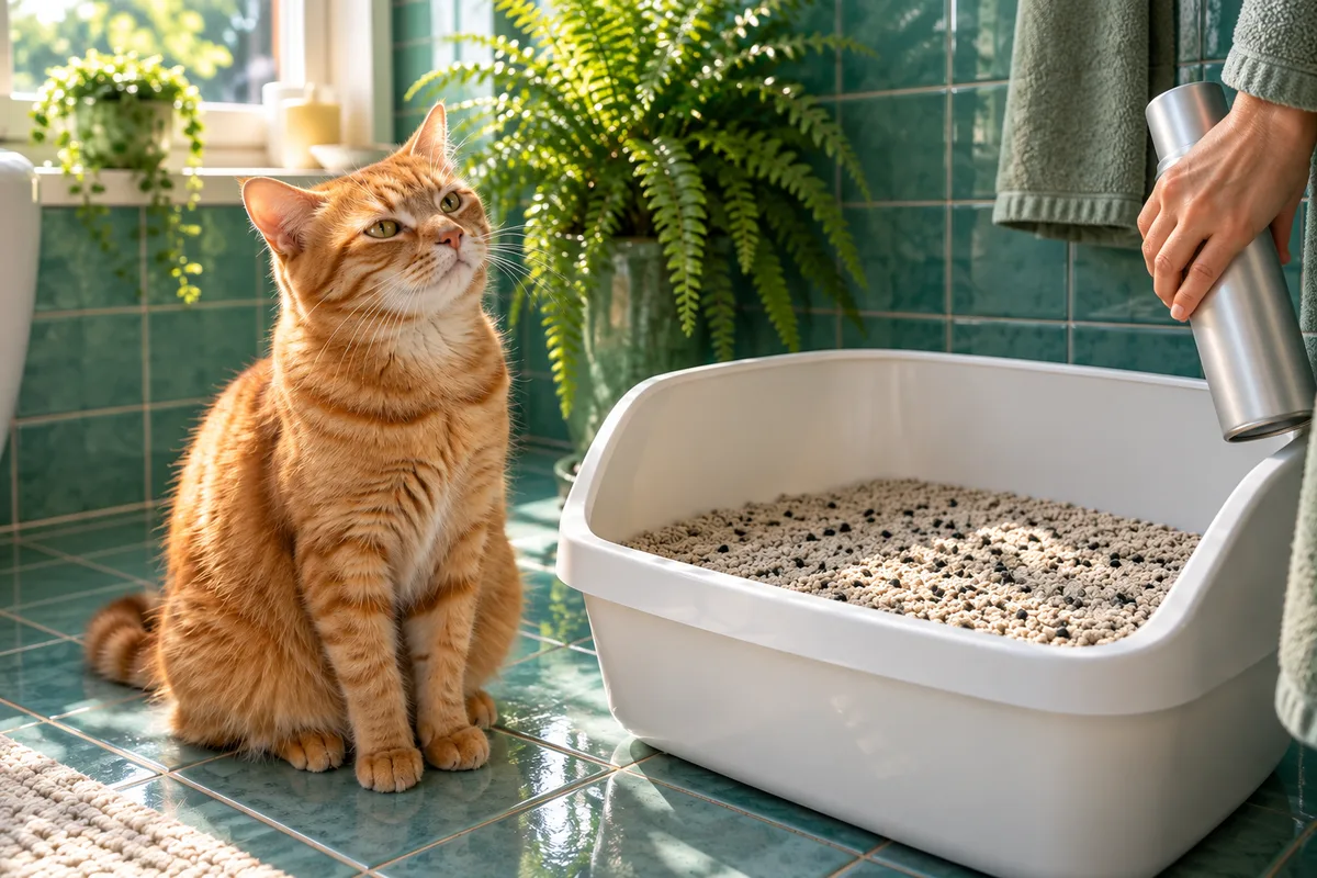 Relaxed ginger cat beside a litter box as a hand takes away a capped air freshener can