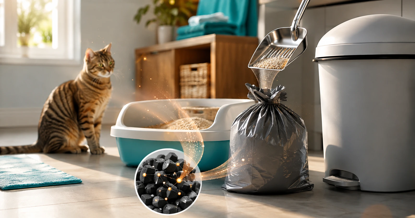 Sealed litter waste bag beside a clean bin and cat near activated carbon granules