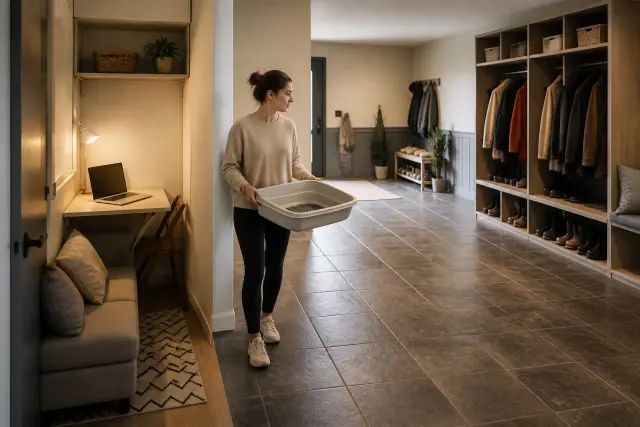 Person carrying a litter box through a home with a mudroom