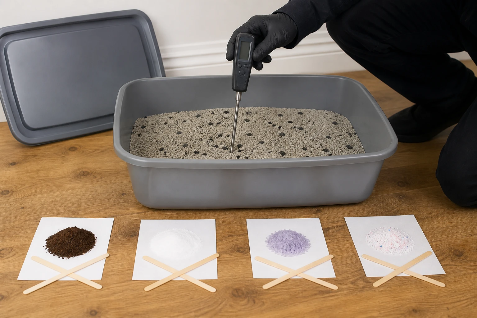 Gloved hand testing litter with simple evidence samples