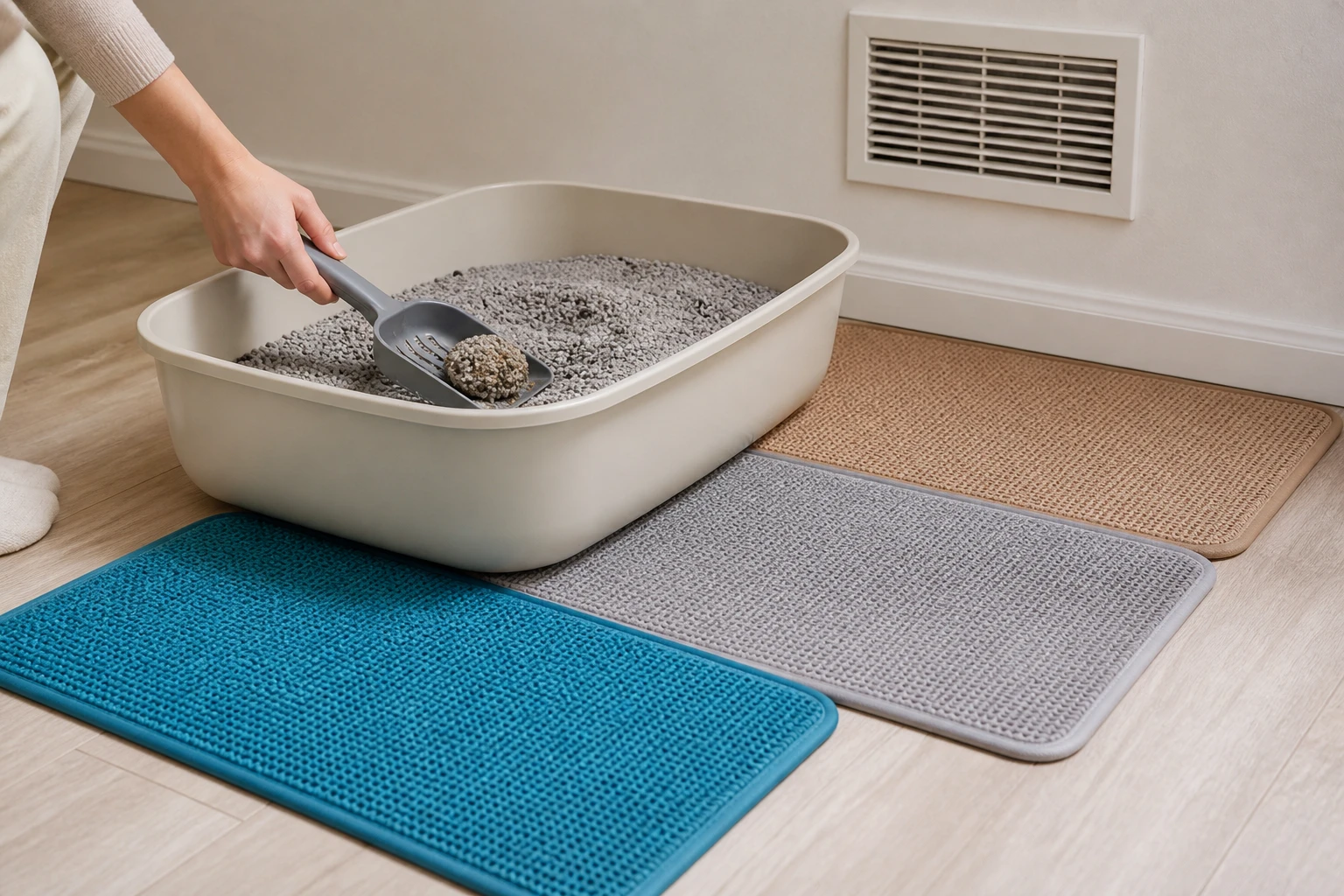 Hand scooping a litter box beside mats and an air vent