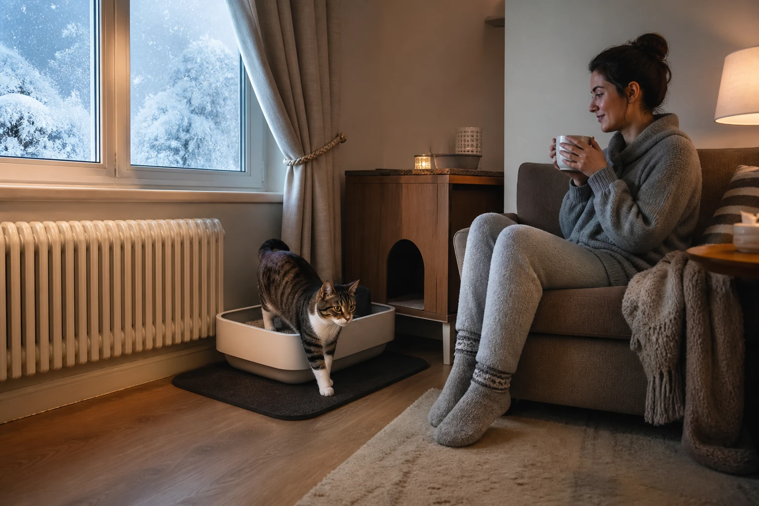 Une personne assise près d’une fenêtre d’hiver avec un bac à litière à proximité